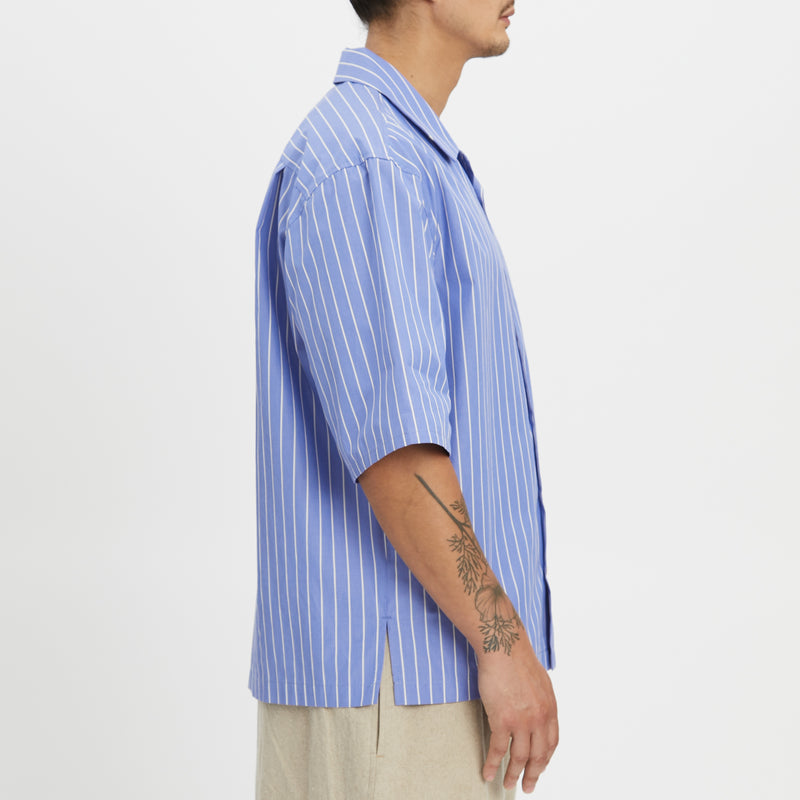 Aloha Shirt - Blue w/ White Stripes Cotton