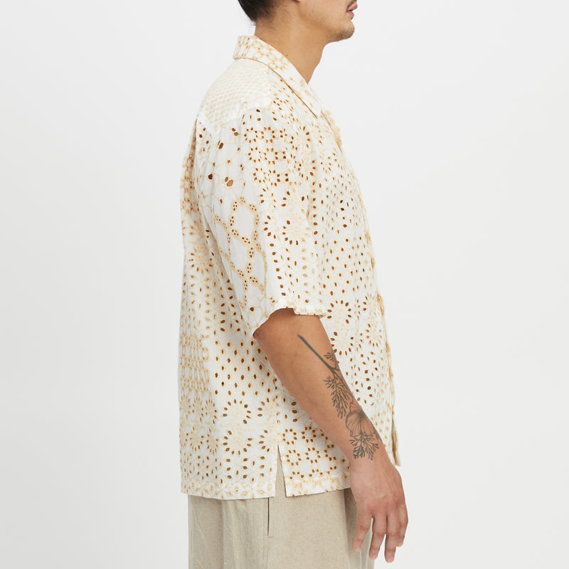 Aloha Shirt - White & Natural Embroidered Cotton