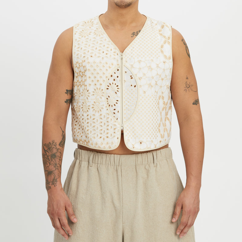 Trapper Vest - White & Natural Embroidered Cotton