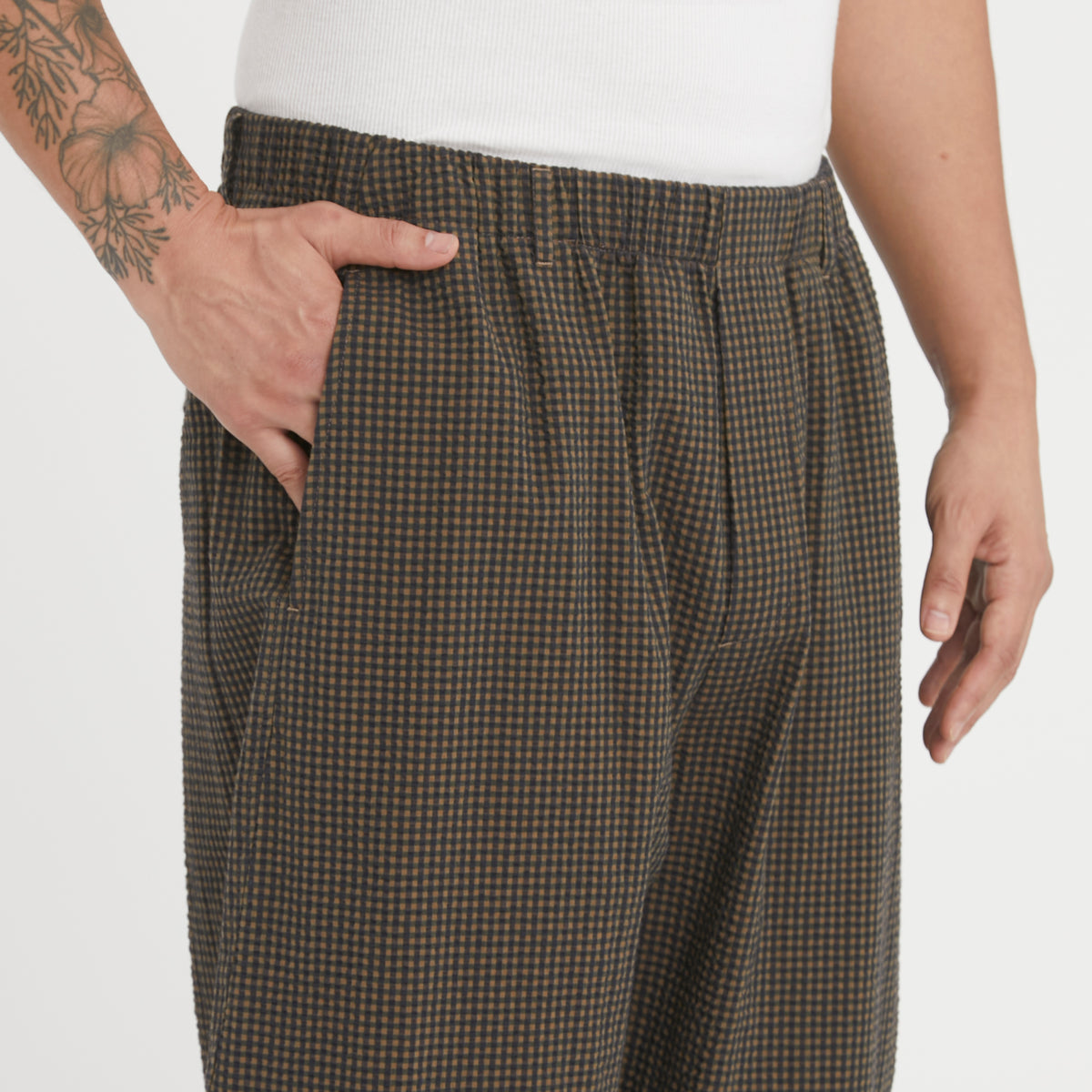 Tilt Pant - Navy/Tan/Green Dobby Plaid Organic Cotton