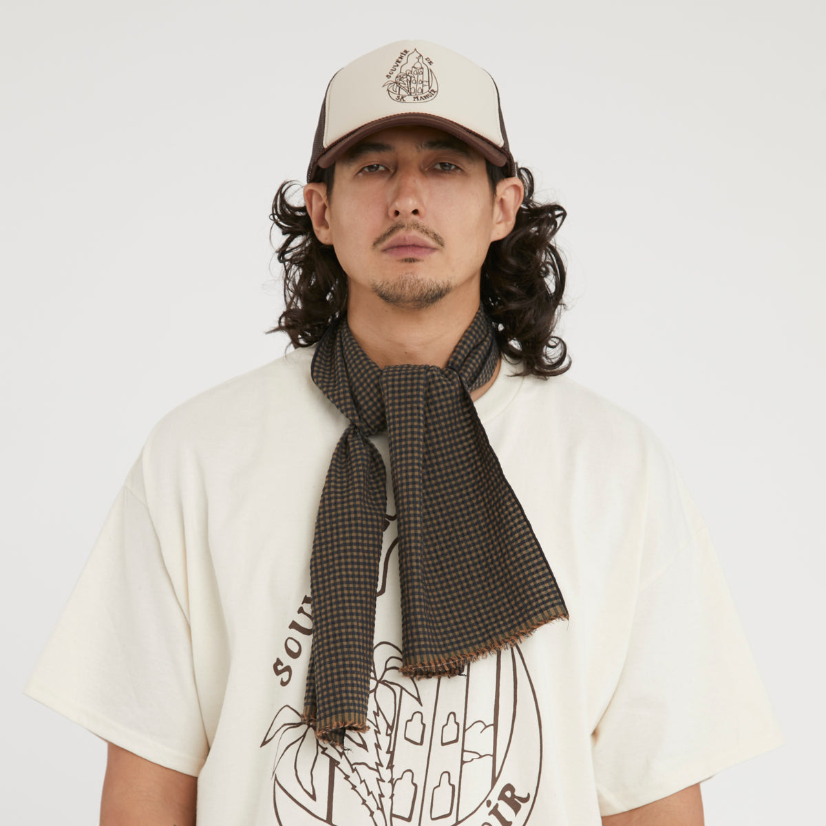Short Scarf – Navy/Tan/Green Plaid Organic Cotton