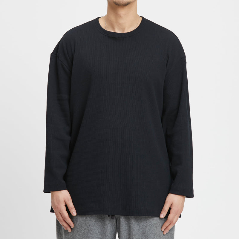Waffle Thermal Long Sleeve T-Shirt - Black Cotton
