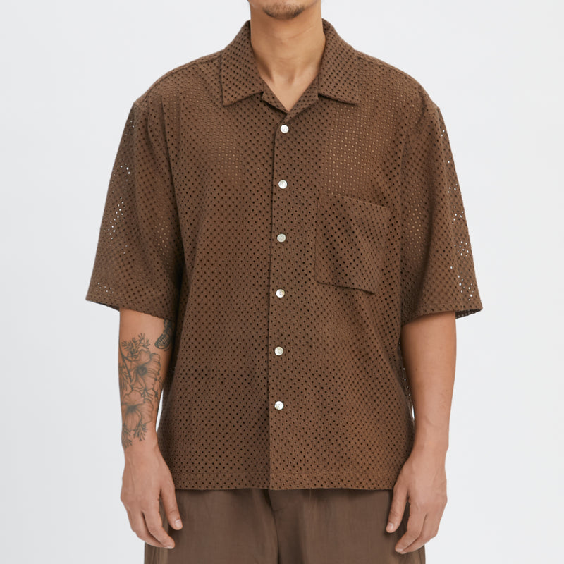 Aloha Shirt - Brown Check Embroidered Cotton