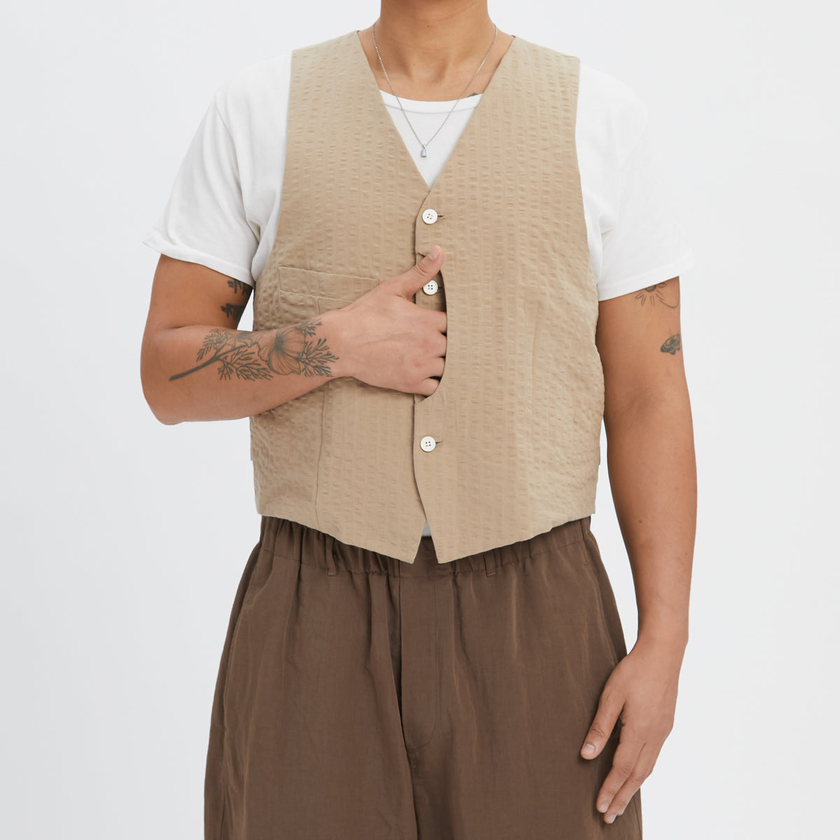 Waist Coat - Tan Puckered Cotton