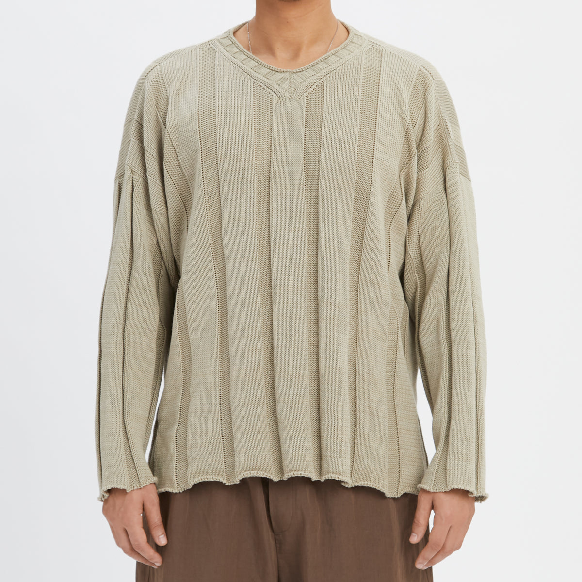 Rolling V-Neck Sweater - Beige Cotton