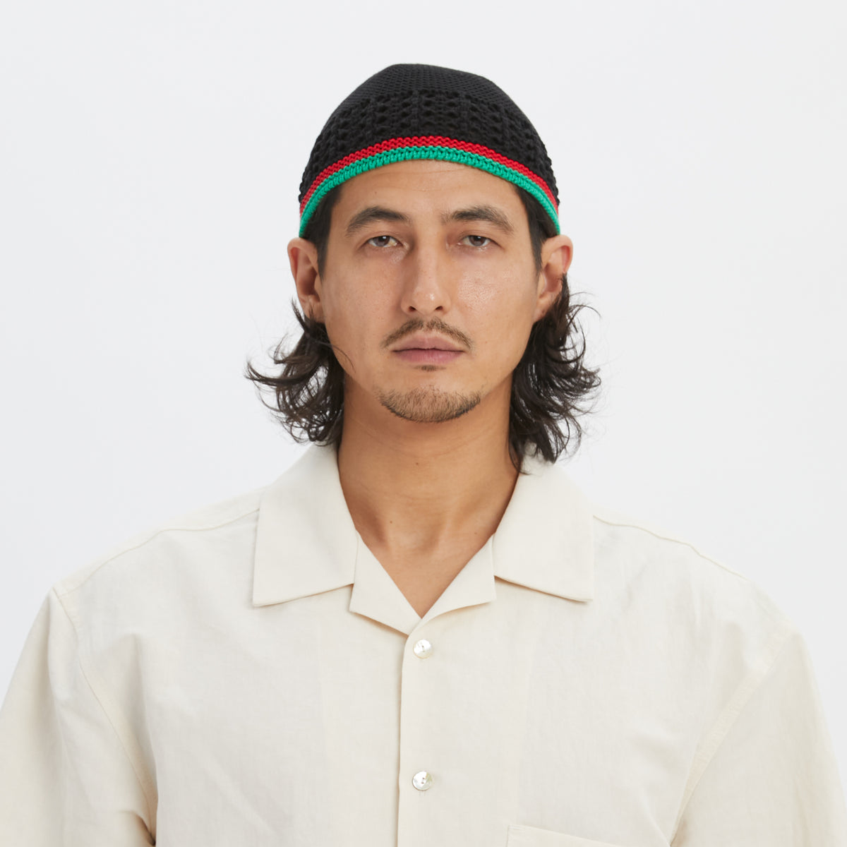 Knit Skull Cap - Black w/ Green & Red Stripes Cotton