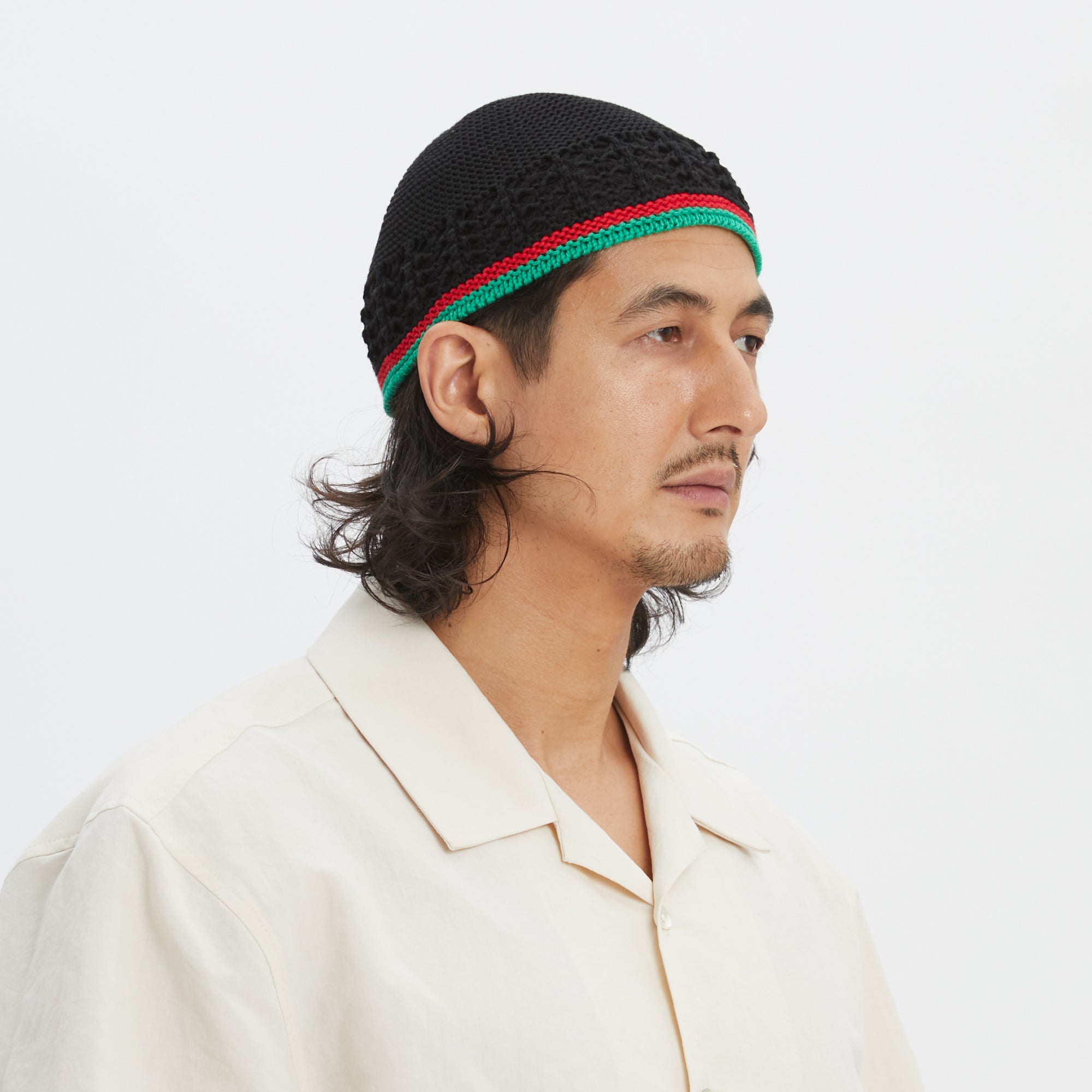 Knit Skull Cap - Black w/ Green & Red Stripes Cotton – s.k. manor hill