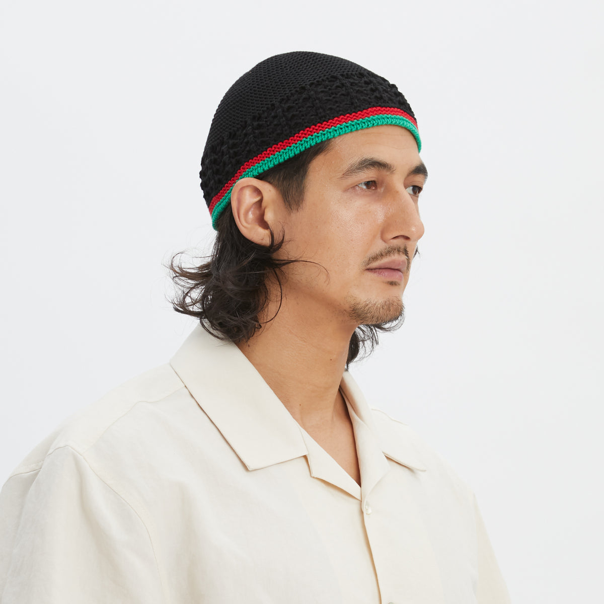 Knit Skull Cap - Black w/ Green & Red Stripes Cotton