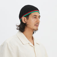 Knit Skull Cap - Black w/ Green & Red Stripes Cotton