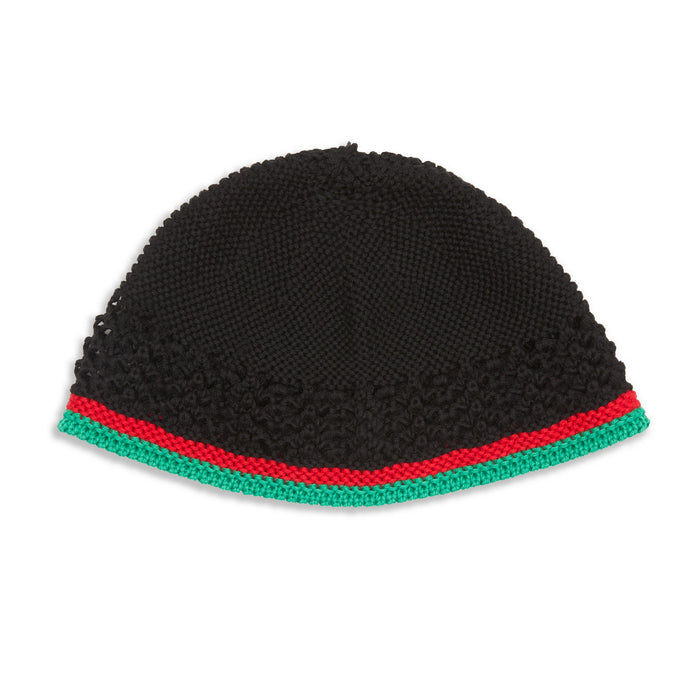 Knit Skull Cap - Black w/ Green & Red Stripes Cotton