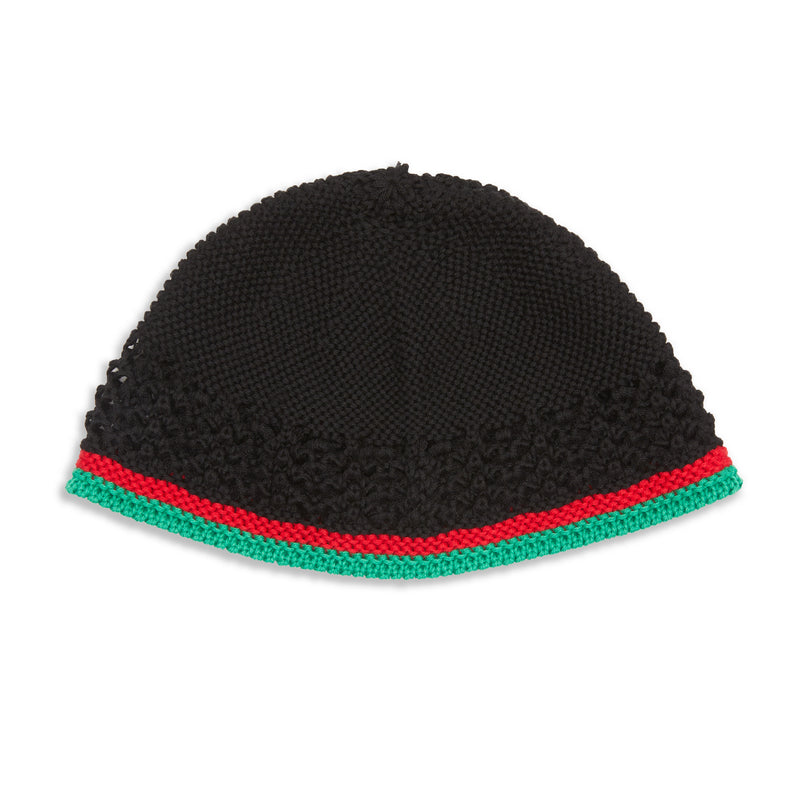 Knit Skull Cap - Black w/ Green & Red Stripes Cotton