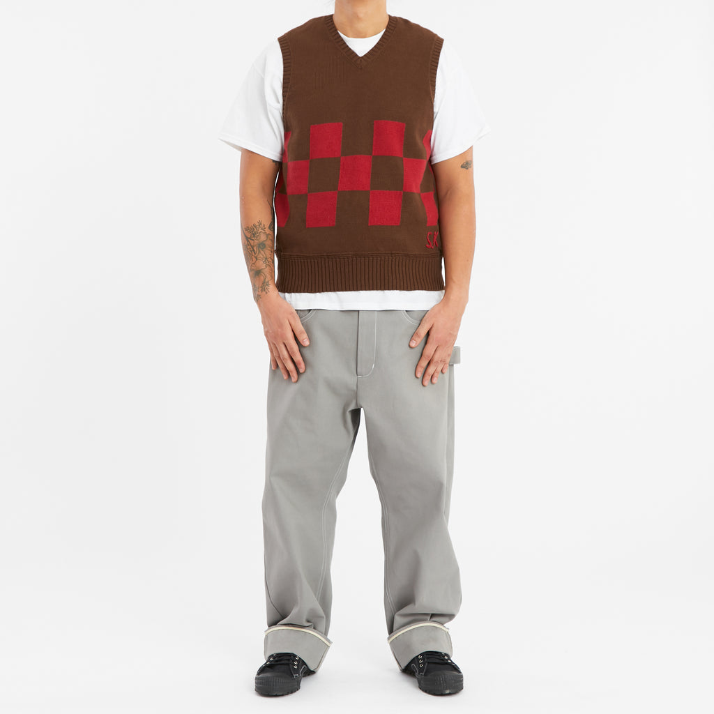 Sweater Vest - Brown & Red Checkered Cotton