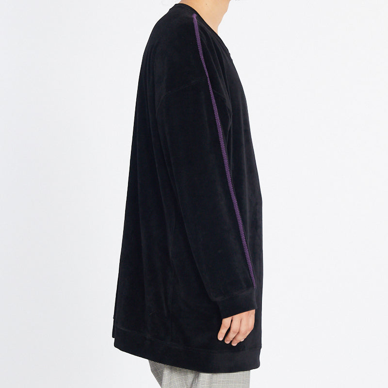 Oversized Velour Crewneck Sweatshirt - Black w/ Braid